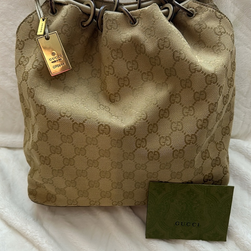 Gucci Beige Monogram Drawstring Bag - image 1